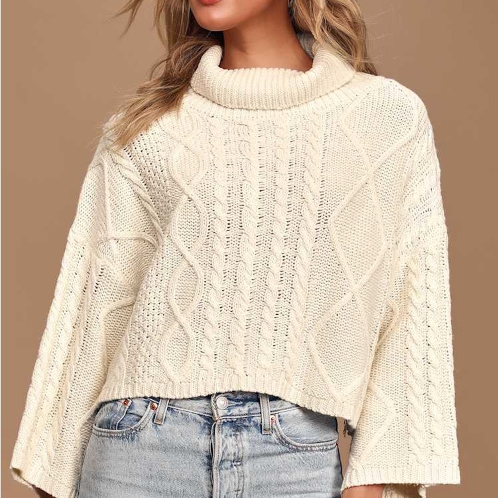 Lulus- Coffee Break Ivory Cable Knit Turtleneck Cropped Sweater